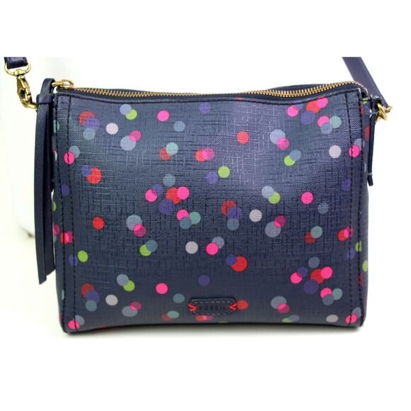 FOSSIL BLUE REAL COATED LEATHER POLKA DOT X-BODY SHOULDER BAG HANDBAG CLUTCH - Picture 2 of 16